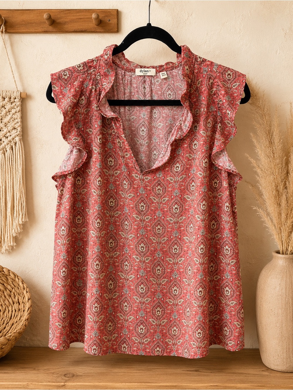 Dylan Women’s Small Boho Paisley Ruffle Cold Shoulder Blouse Rust Coral